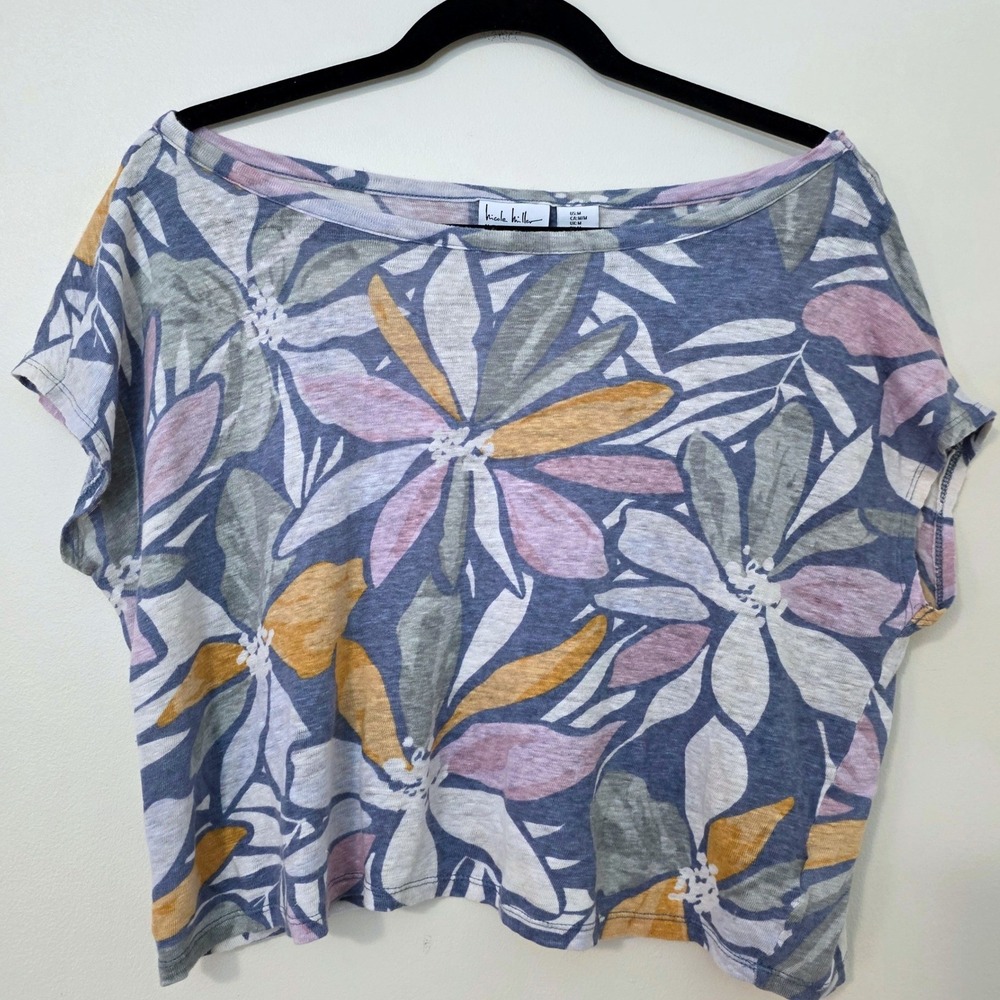 Nicole Miller 100% Linen Beachy‎ Floral Crop Top Sz M Boho Tropical Flowy Resort